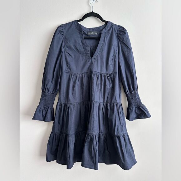 Pomander Place Navy Cotton Poplin Kenzo Dress M Cropped Sleeves - Picture 1 of 3